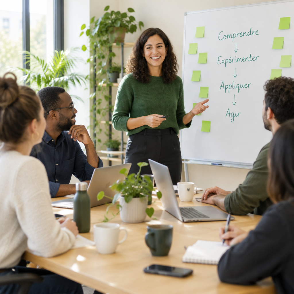 Équipe One Academy en atelier devant le tableau Comprendre, Expérimenter, Appliquer
