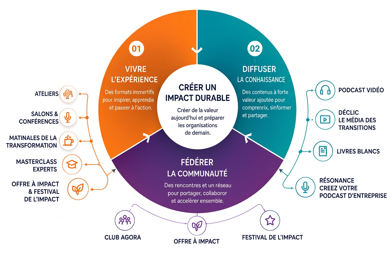 Diagramme de l'écosystème One Transformation : vivre l'expérience, diffuser la connaissance et fédérer la communauté pour créer un impact durable