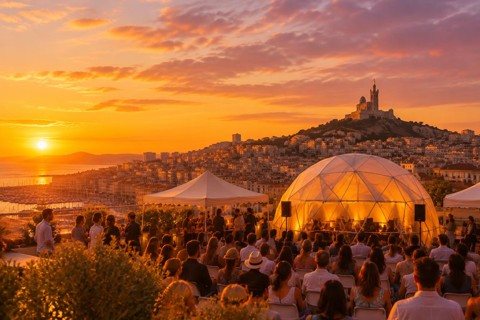 Événement en rooftop au coucher du soleil