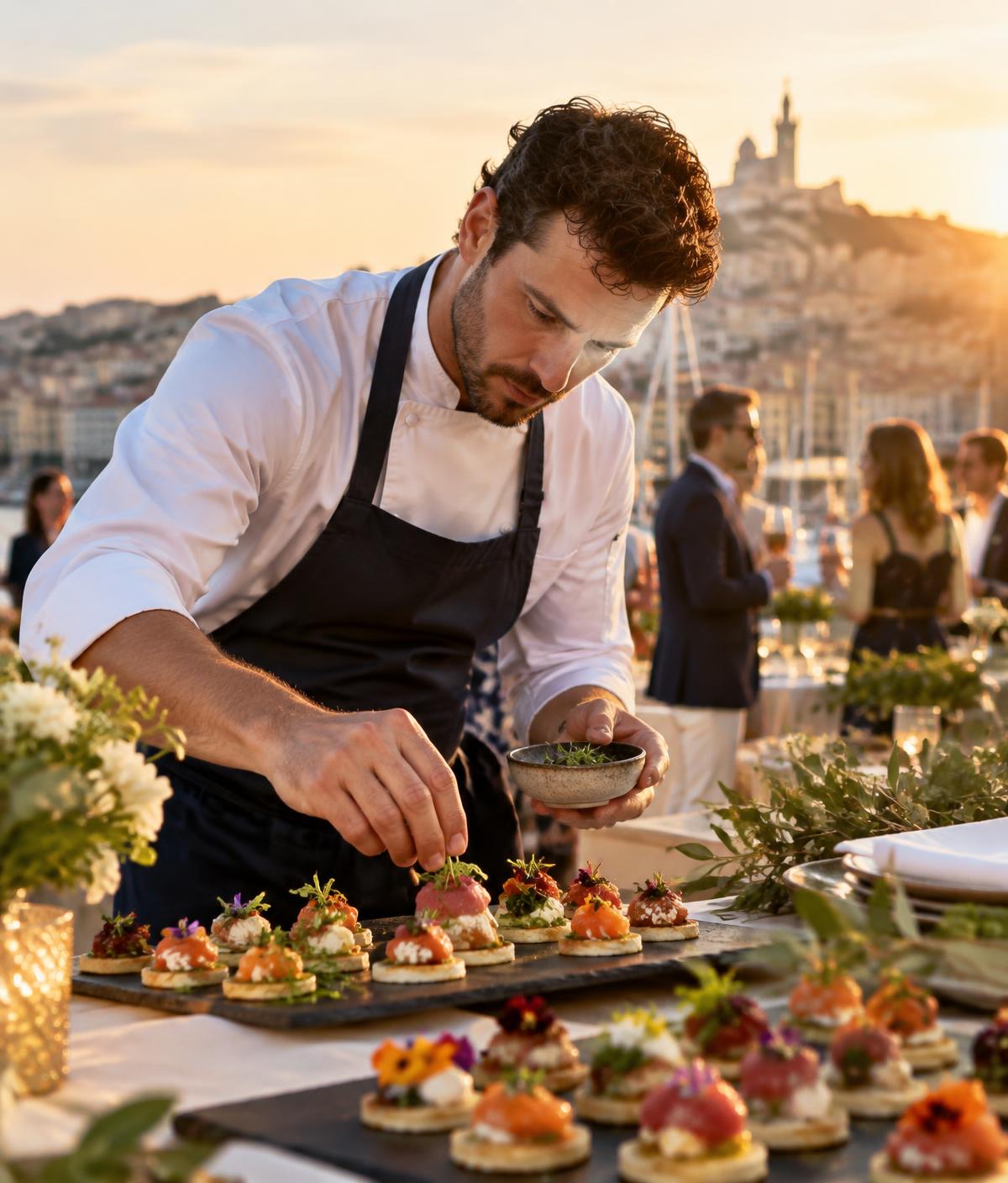 Chef préparant des bouchées pour une réception